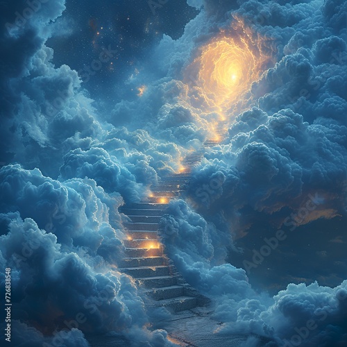 An immersive digital artwork of a stairway to heaven in a fascinating, vibrantly colored illustration with minute details. Journey into the unknown in celestial ascension and exploration.
