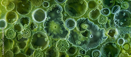 Stacked photo at 340x magnification displays marine microalgae attached to macroalgae Ulva compressa. photo