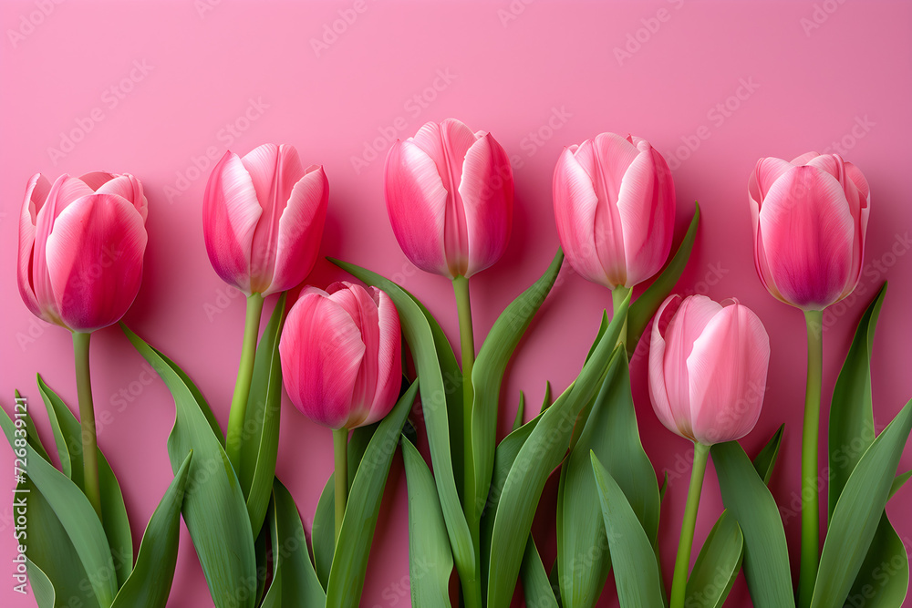 Fototapeta premium Spring tulip flowers on pink background top view in flat lay style, perfect for women's or mother's day greeting or spring sale banner.