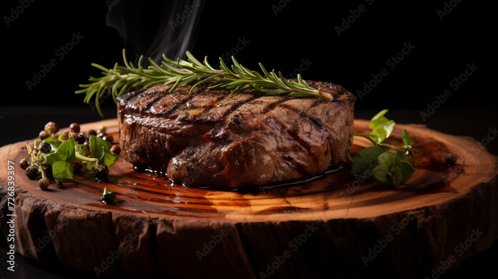 Succulent grilled beef steak with perfect sear marks, served on a rustic plate against a dark, Succulent grilled beef steak with perfect sear marks, served on a rustic plate against a dark,
