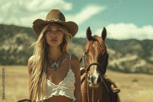 model wearing a cowboy hat and boots in a ranch with a horse © mila103