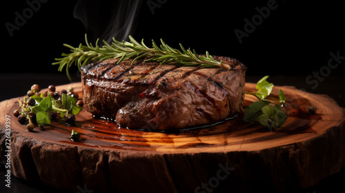 Succulent grilled beef steak with perfect sear marks, served on a rustic plate against a dark,