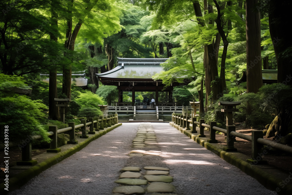 Serene Shinto shrine surrounded by lush greenery in Japan Serene Shinto shrine surrounded by lush greenery in Japan