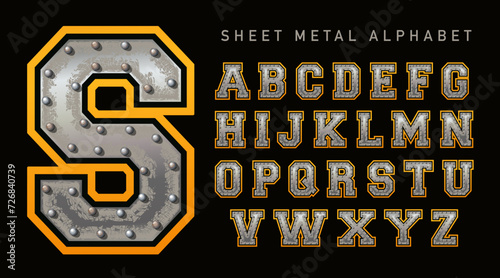 A textural alphabet with an industrial sheet metal effect.