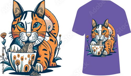 Cat wearing a purple shirt with a cat in a bowl - a feline fashionista with a quirky companion, illustration of a cat