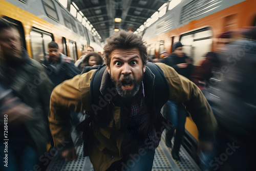 Scared worried panic man running in a crowd of people and chasing the leaving train in station