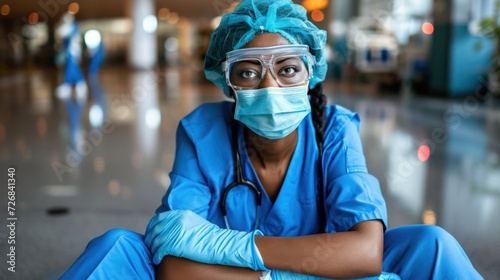 Frustrated Black Nurse or Doctor Surgeon Sitting on Floor in Scrubs Generative AI
