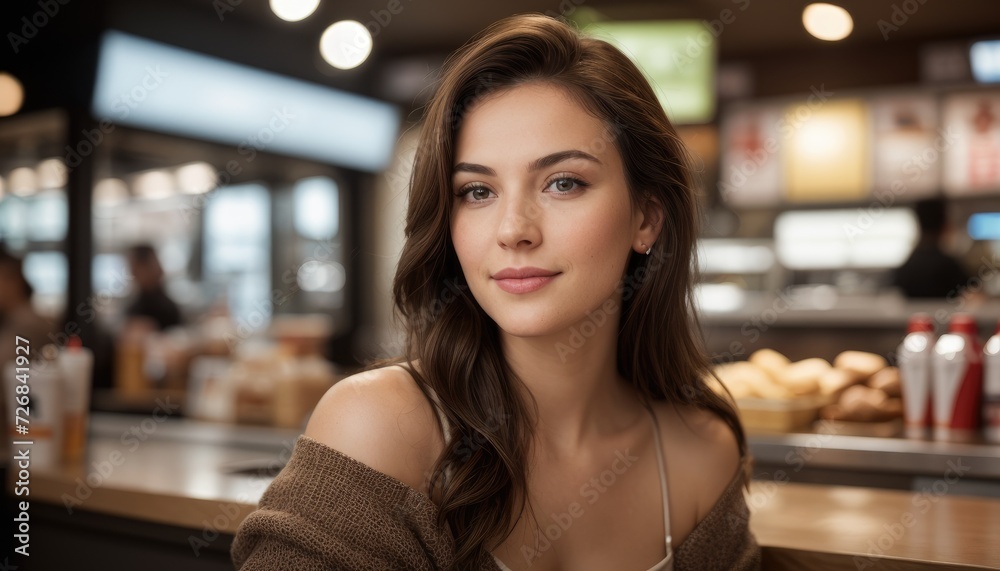 Woman Smiling Serenely in a Cozy Cafe Woman Smiling Serenely in a Cozy Cafe