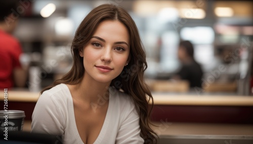 Serene Young Woman Enjoying Coffee in a Busy Cafe