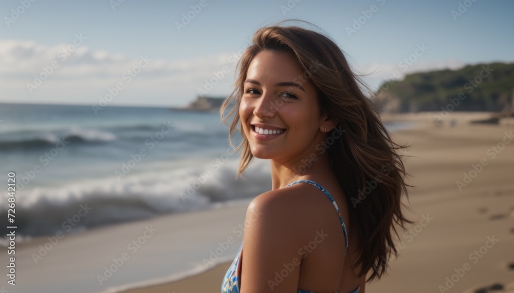 Woman Smiling on Sunny Beach with Waves Woman Smiling on Sunny Beach with Waves