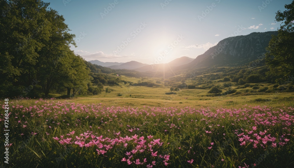 Serene Mountain Meadow at Sunset with Pink Wildflowers
