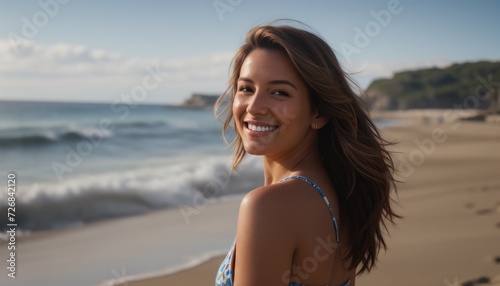 Woman Smiling on Sunny Beach with Waves