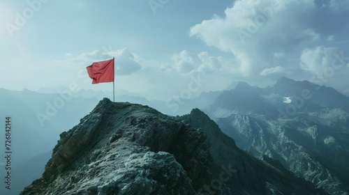 Red Flag Flies Atop Majestic Mountain Peak