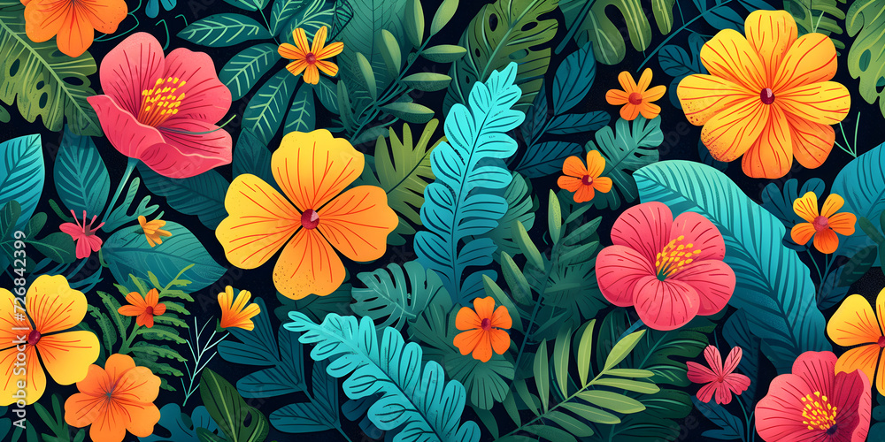 A vibrant floral pattern featuring lush foliage, perfect for celebrating mother's day, birthdays, or as a decorative illustration theme. A vibrant floral pattern featuring lush foliage, perfect for celebrating mother's day, birthdays, or as a decorative illustration theme.