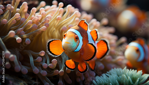 Clown fish swimming in vibrant reef, underwater beauty in nature generated by AI © Stockgiu