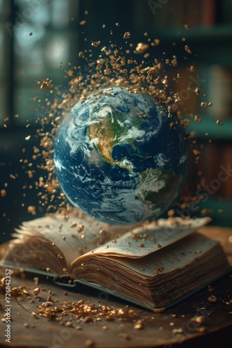 books and a globe on a table in a modern interior, the concept of education and travel, 3D illustration