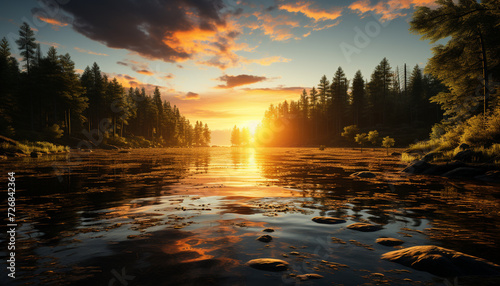 Sunset over the tranquil forest  reflecting on water generated by AI