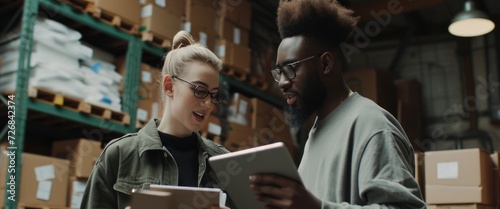 Man and Woman Viewing Tablet in Warehouse Generative AI