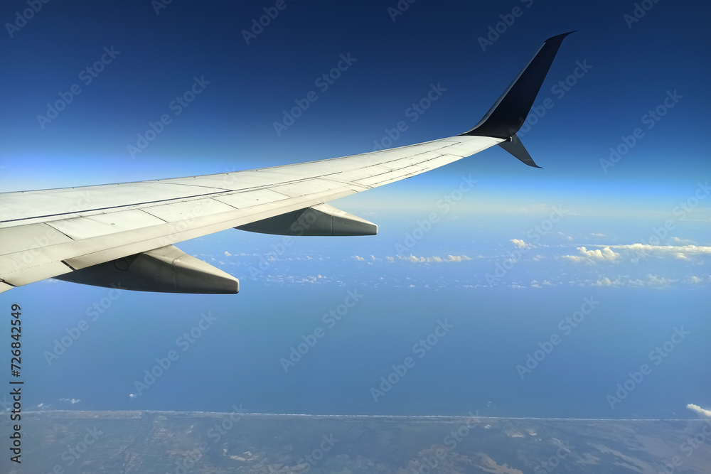 Obraz premium View through airplane window of commercial jet plane wing flying high in the sky. Air travelling concept