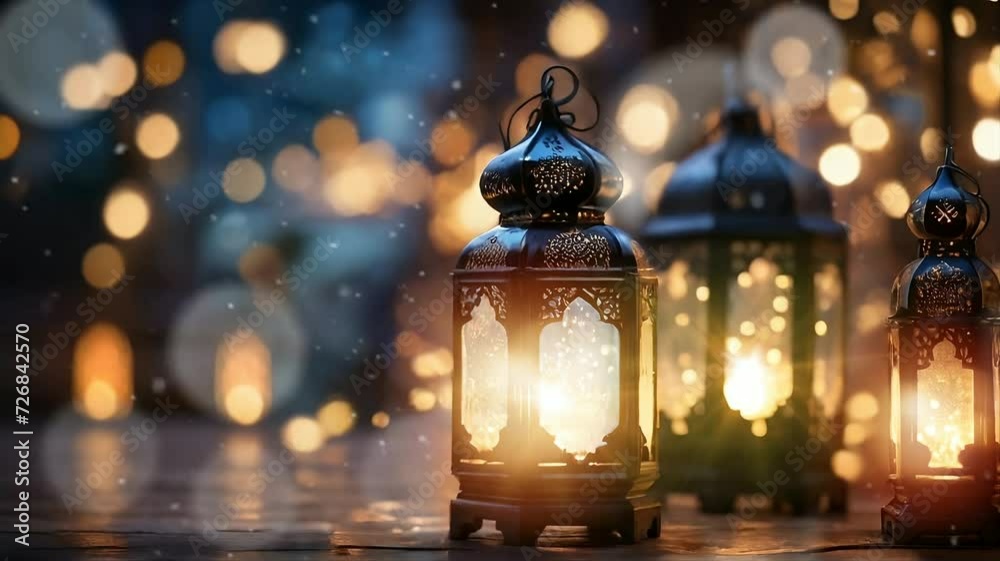 A cold-weather scene of various shapes of Ramadan light lanterns against a backdrop of bokeh lights. Video background of Seamless looping of ramadan lanterns with left side empty space A cold-weather scene of various shapes of Ramadan light lanterns against a backdrop of bokeh lights. Video background of Seamless looping of ramadan lanterns with left side empty space