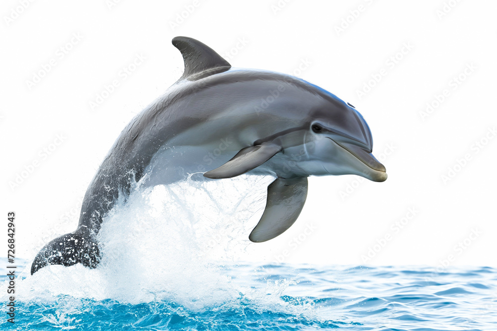Fototapeta premium Cute dolphin jumping out of water isolated on white background
