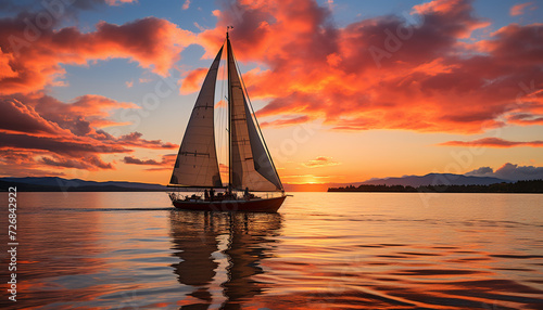 Sailboat sailing at sunset, nature tranquil adventure generated by AI