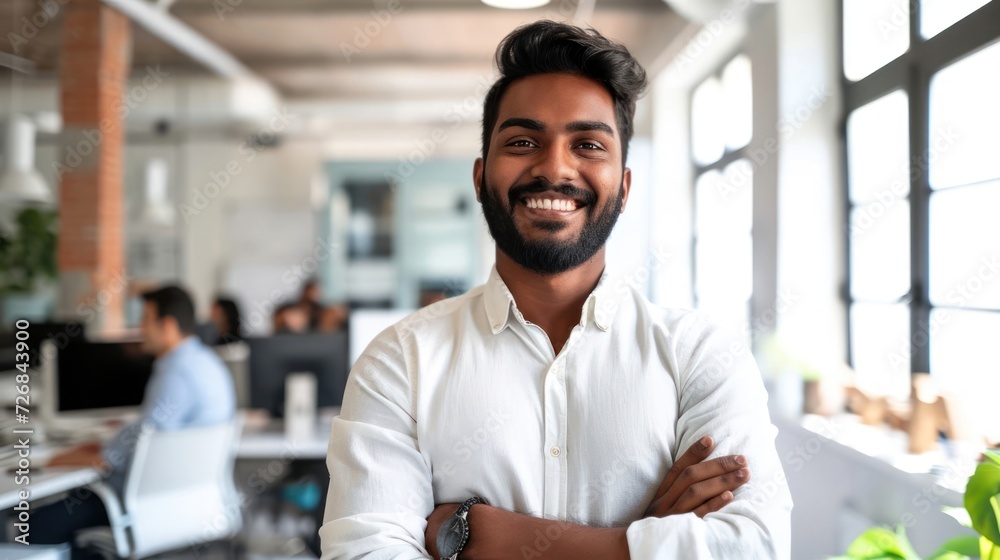 East Indian Businessman Standing in Office With Arms Crossed Generative AI East Indian Businessman Standing in Office With Arms Crossed Generative AI