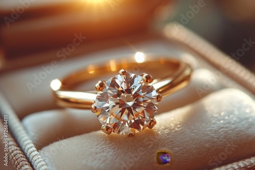 A gold diamond ring is in a jewelry box, the concept of luxury photo