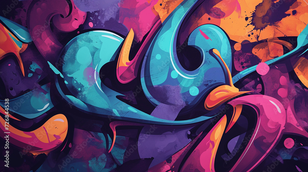 Obraz premium Vibrant graffiti wall art. Abstract colorful graffiti fragment on an old brick wall. Street art composition with parts of unwritten letters, blue,pink, violent spray