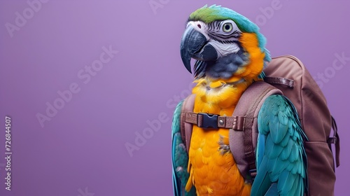 Colorful Parrot with Backpack on Purple