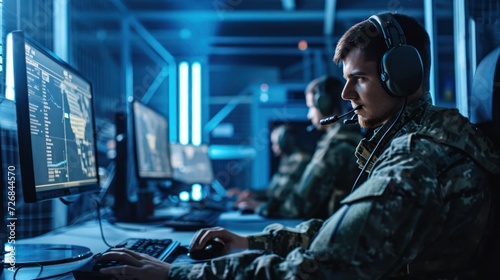 Fotografiet Man Wearing Headphones Sitting in Front of a Computer at a Military Generative A