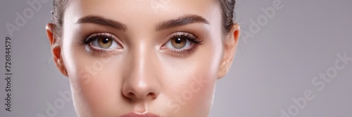Beautiful woman's face close-up, with smooth, clean and healthy skin. Banner, on an isolated grey background. Concept of cosmetics, creams and health. photo