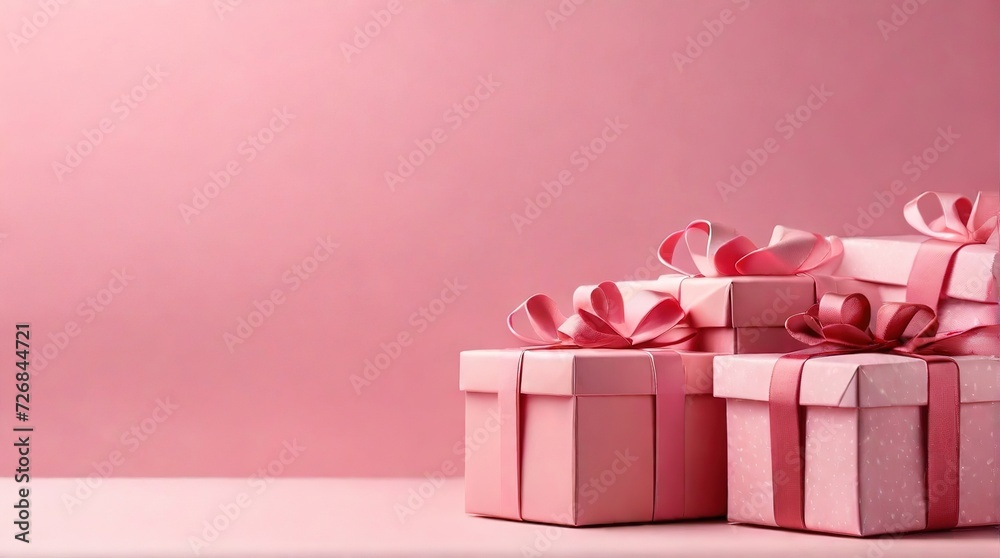 Pink gift boxes on pink background , place for text, valentine's day gift concept, birthday, wedding