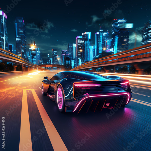 A futuristic car speeding on a neon-lit highway.