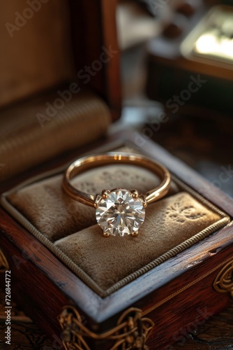 A gold diamond ring is in a jewelry box, the concept of luxury