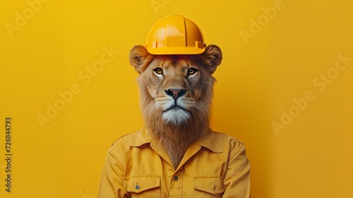 Playful Lion Wearing Construction Hat on Yellow Background