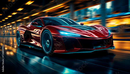 A sleek, modern sports car races through the night generated by AI photo