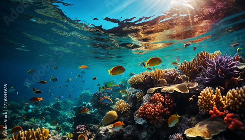 Underwater reef, fish, nature, water, blue, tropical climate, coral generated by AI © Stockgiu