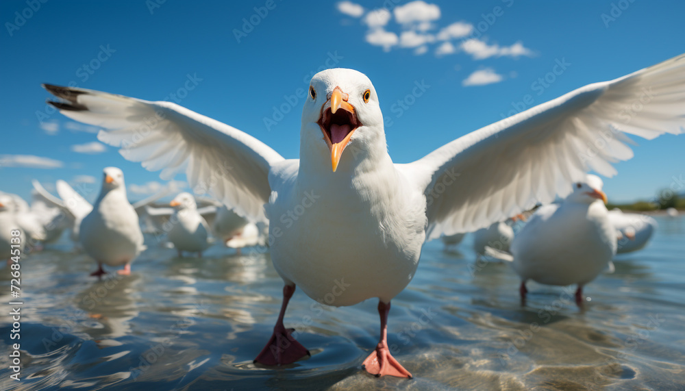 Fototapeta premium Seagull flying freely, wings spread, reflecting beauty in nature generated by AI