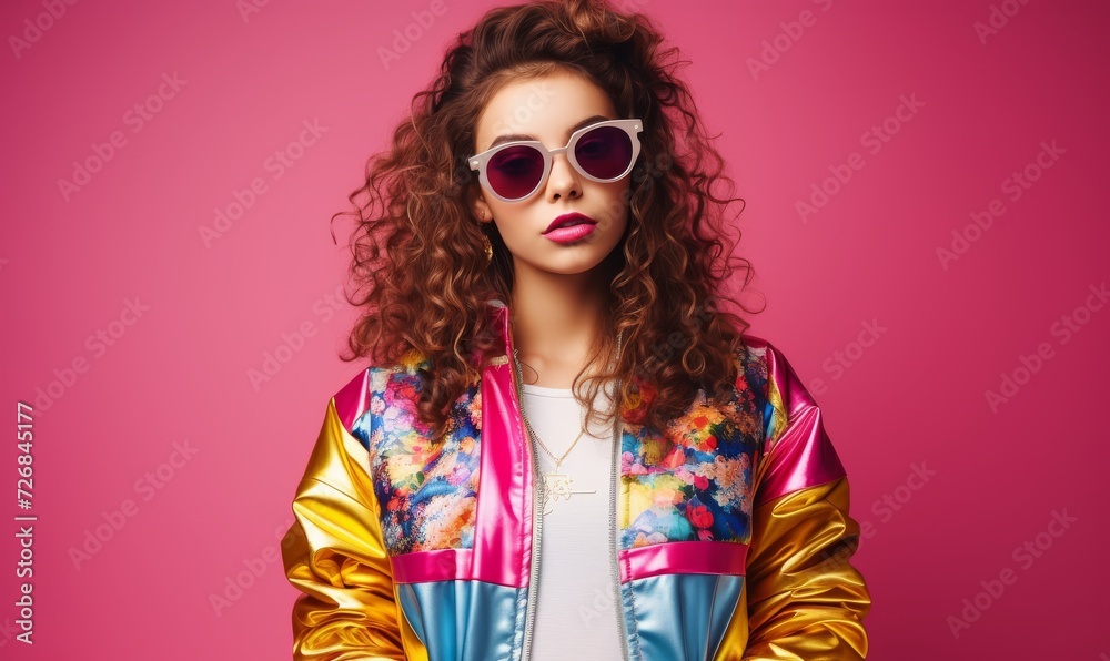Girl in colorful trendy jacket of 80s 90s vibes. 