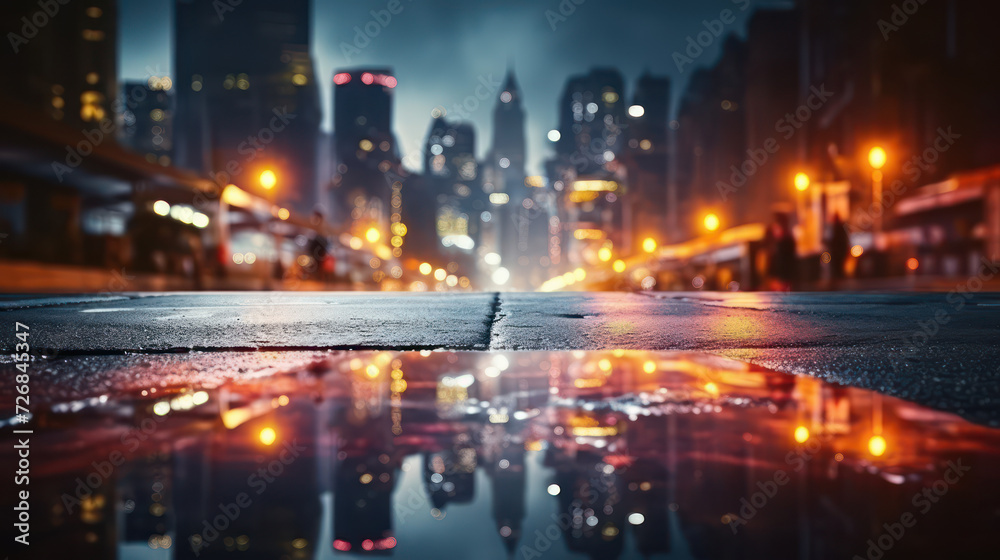 Urban architecture, cityscape with space and neon light effect. Modern hi-tech, science, futuristic technology concept reflection from puddles on street heading toward buildings. Generative AI