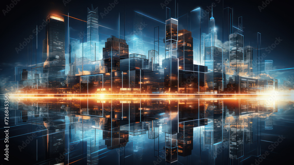 Naklejka premium Urban architecture, cityscape with space and neon light effect. Modern hi-tech, science, futuristic technology concept reflection from puddles on street heading toward buildings. Generative AI