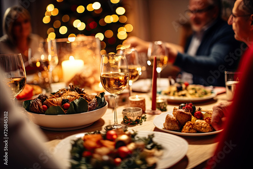people are enjoying holiday food at table with glasses next to them, in the style of back button focus, light gold and dark beige, xmaspunk, pigeoncore, whirring contrivances, humanistic empathy photo