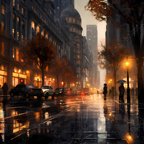 A city street during a light rain.