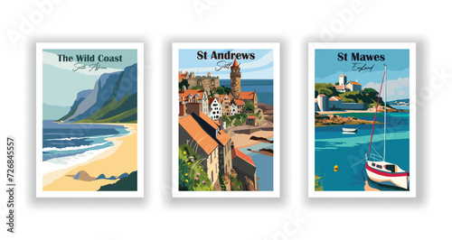 St Andrews, Scotland. St Mawes, England. The Wild Coast, South Africa - Vintage travel poster. High quality prints.