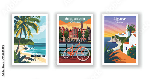 Algarve, Portugal. Amsterdam, Netherlands. Barbados, Caribbean - Vintage travel poster. High quality prints. photo