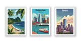 Boston, Massachusetts. Rotterdam, Netherlands. Saint Lucia, Caribbean - Vintage travel poster. High quality prints.