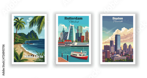 Boston, Massachusetts. Rotterdam, Netherlands. Saint Lucia, Caribbean - Vintage travel poster. High quality prints.
