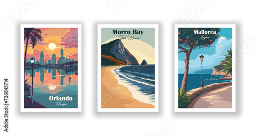 Mallorca, Spain. Morro Bay State Beach. Orlando, Florida - Vintage travel poster. High quality prints. photo