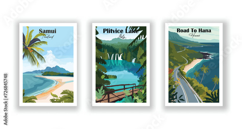 Plitvice Lake, Italy. Road To Hana, Hawaii. Samui, Thailand - Vintage travel poster. High quality prints.